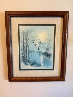 Vintage Andres Orpinas Signed Flying Ducks Winter Stream Framed Print